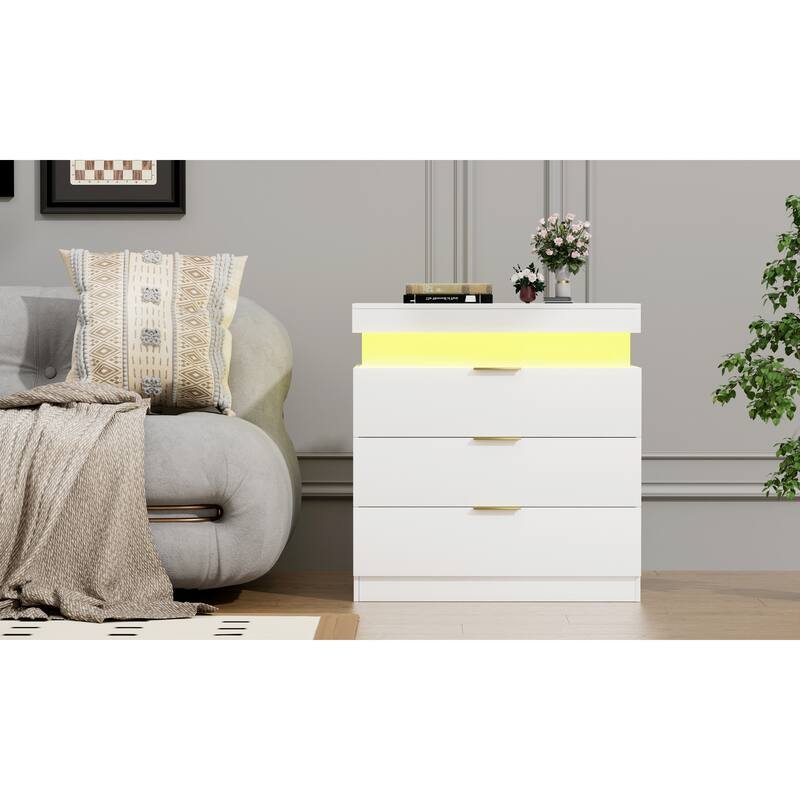 White Accent Table Nightstand with Charging Station and LED Lights, End Table Side Table with Drawers