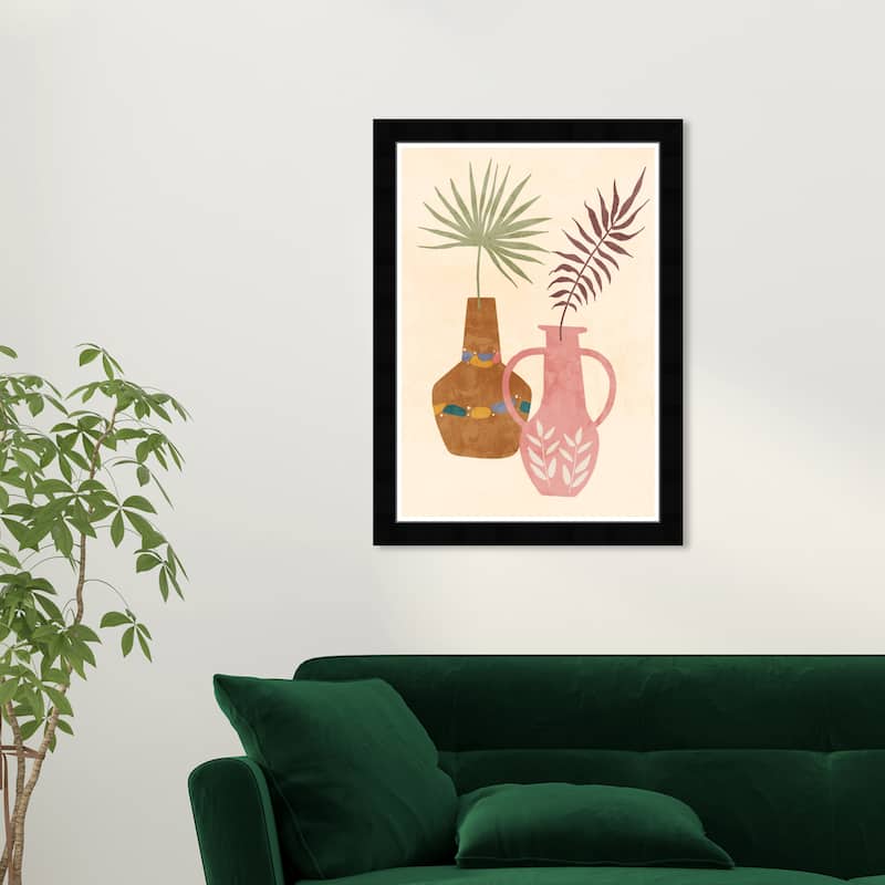 "Minimalist Pots", Boho Pattern Plant Pots Modern & Contemporary Pink Framed Wall Art Print for Dining Room