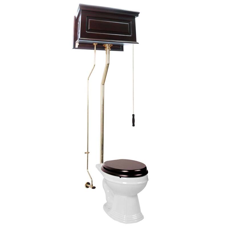 High Tank Toilet Dark Oak Finish Wooden Tank, Round Rear Entry Bowl And L Pipes Renovators Supply