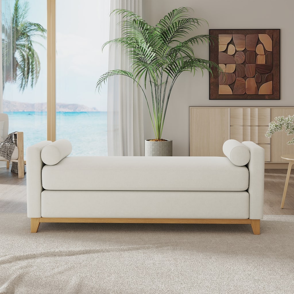 Roomfitters 66-Inch Sherpa Upholstered Bedroom Bench, Mid-Century Modern End of Bed Ottoman with Bolster Pillows