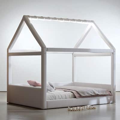 Full Size Upholstered House Daybed with Corduroy Fabric and LED Light Strip, Wood Frame, No Box Spring Needed