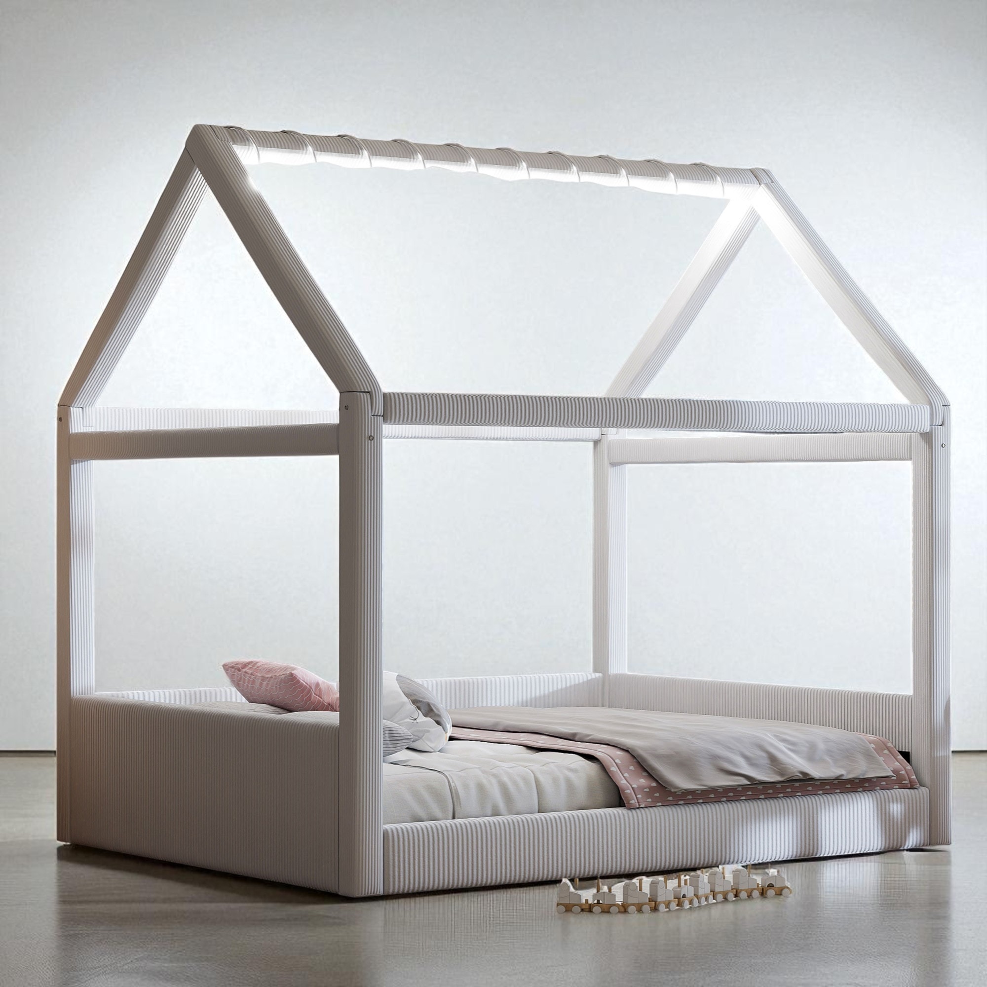 Full Size Upholstered House Daybed with Corduroy Fabric and LED Light Strip, Wood Frame, No Box Spring Needed