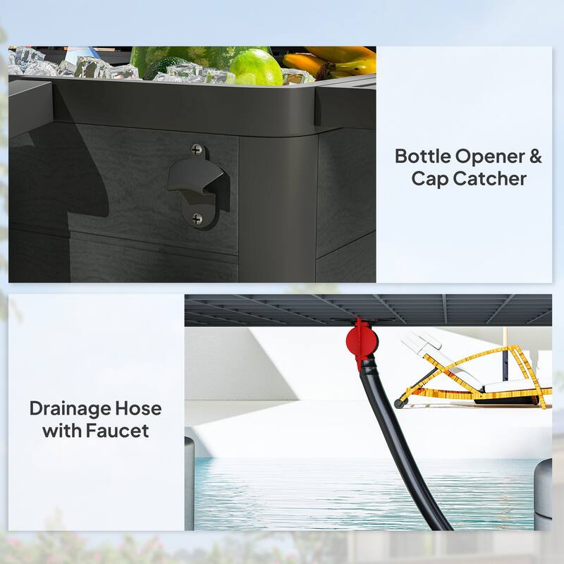 Patio Cooler Cart with Swivel Casters, Folding Lid, Bottle Opener, Towel Rack, Foldable Side Tables - 37" L x 22" W x 33.9" H