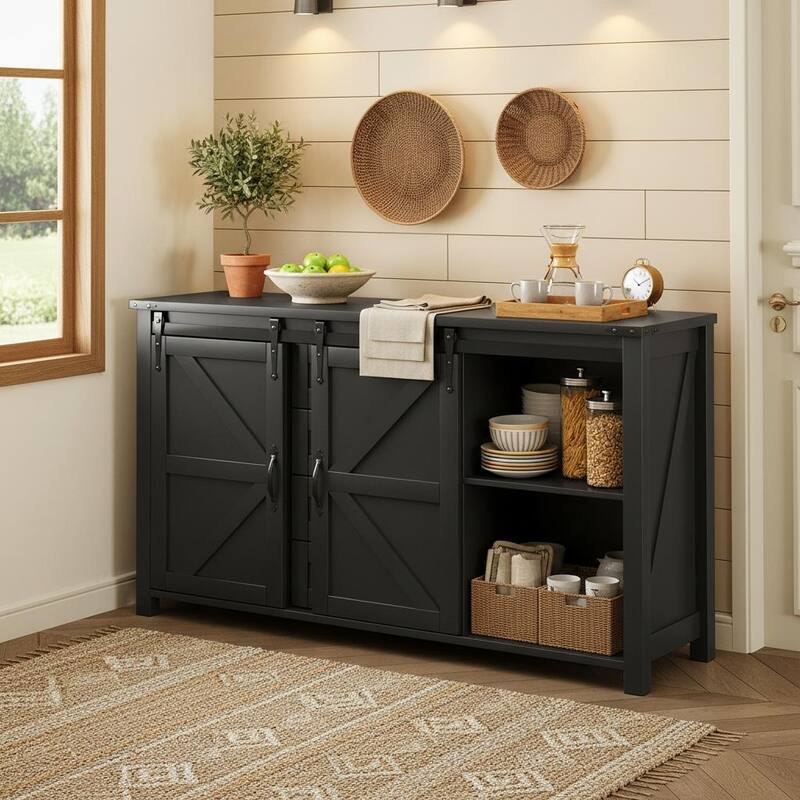 Farmhouse Sideboard Cabinet with Sliding Barn Doors, Power Outlet & 4 Drawers by Harper&Bright Designs