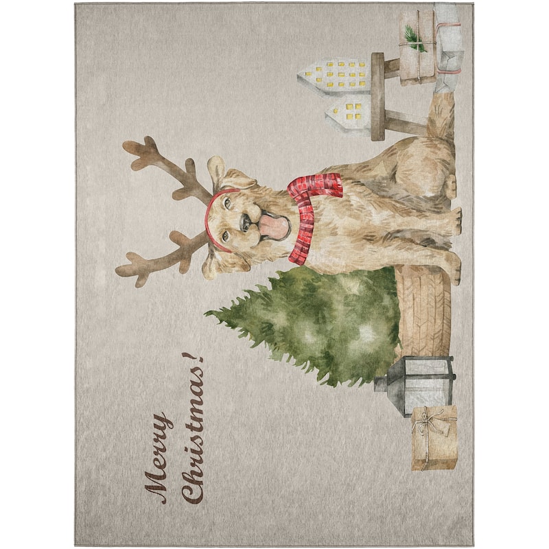 Indoor/ Outdoor Cozy Winter Taupe Washable Christmas Dog Rug - 3' x 5' - Taupe