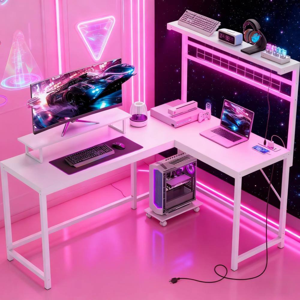 Computer Desk, L Shaped Gaming Desk with Power Outlets & LED Lights,with Monitor Stand and CPU Shelf