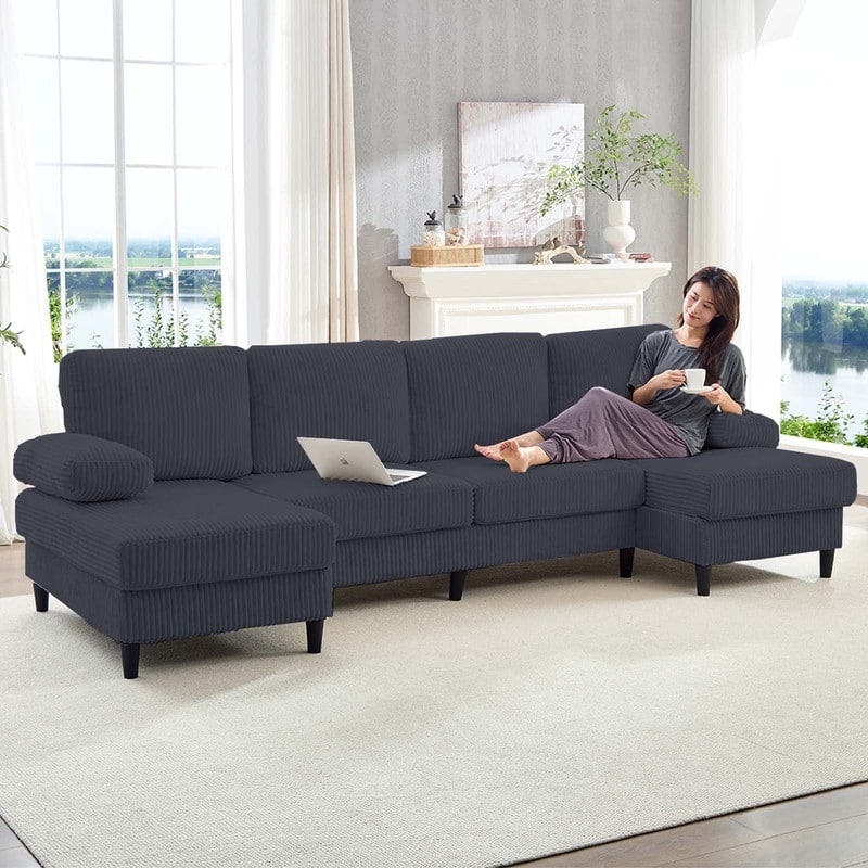 Mixoy W110"U-Shaped Sectional Sofa Couches with Double Chaises and Sleepable Armrests,Corduroy Upholstered 4-Seater Sofa