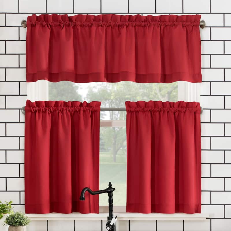 No. 918 Martine Microfiber Semi-Sheer Rod Pocket Kitchen Curtain Valance and Tiers Set - 54" x 45" - Red