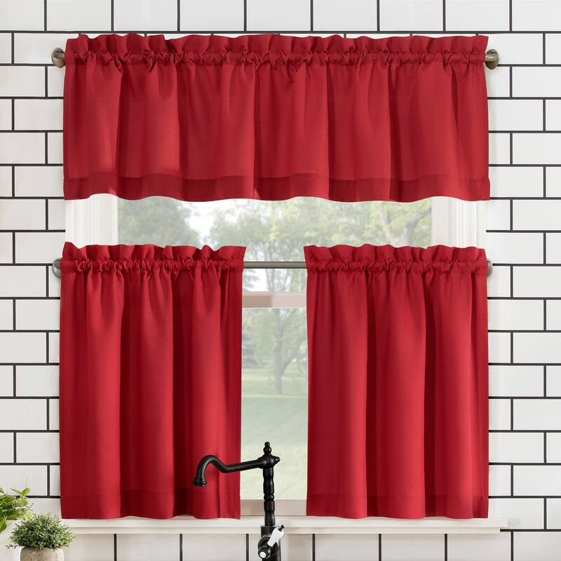 No. 918 Martine Microfiber Semi-Sheer Rod Pocket Kitchen Curtain Valance and Tiers Set - 54" x 24" - Red