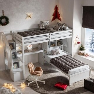Multi-Functional Wood Loft Bed with Built-in Desk, Twin over Twin Bed with Staircase, Storage Compartments and Shelves, White