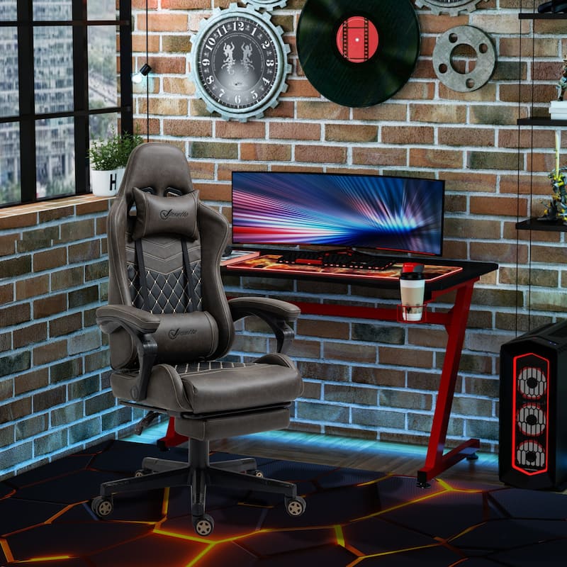 Brown PU Leather 360° Swivel Racing Gaming Recliner with Footrest, Headrest, Lumbar Support, Adjustable Height