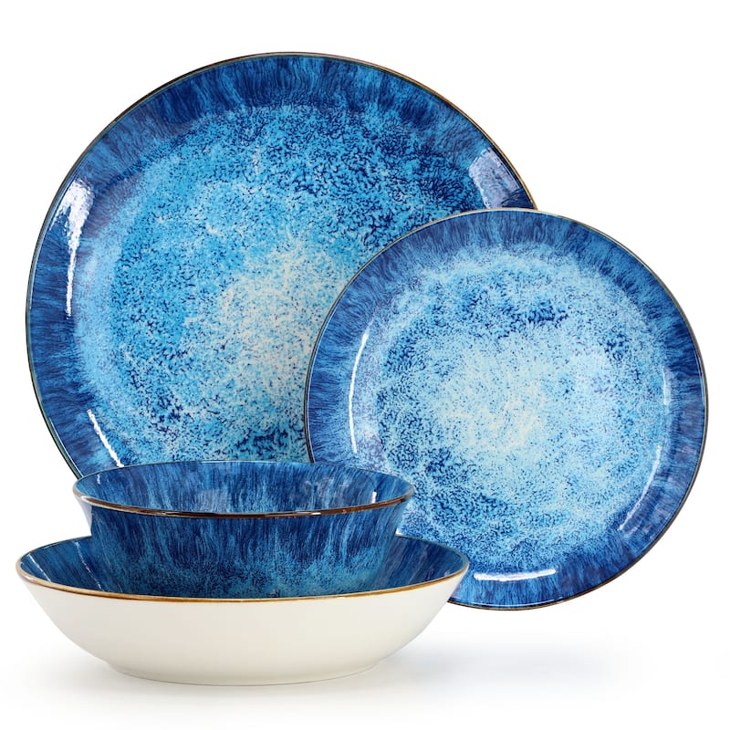 Atlantis 16 Piece Porcelain Double Bowl Dinnerware Set in Deep Sea Blue