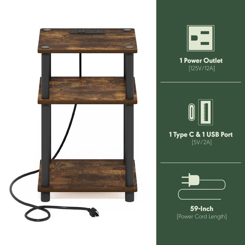 Furinno Just 3-Tier Open Storage End Table with USB and Type-C Charging Station