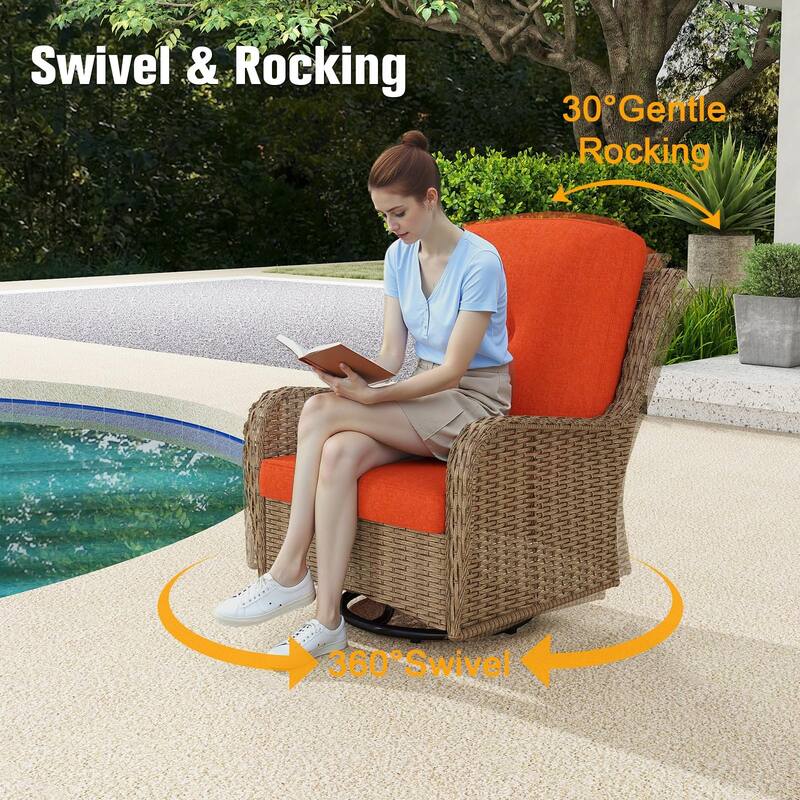 7 Pieces Patio Furniture Set with Swivel Rocking Chair, Coffee Table, Side Table for Backyard, Garden, Navy Blue/Beige/Orange