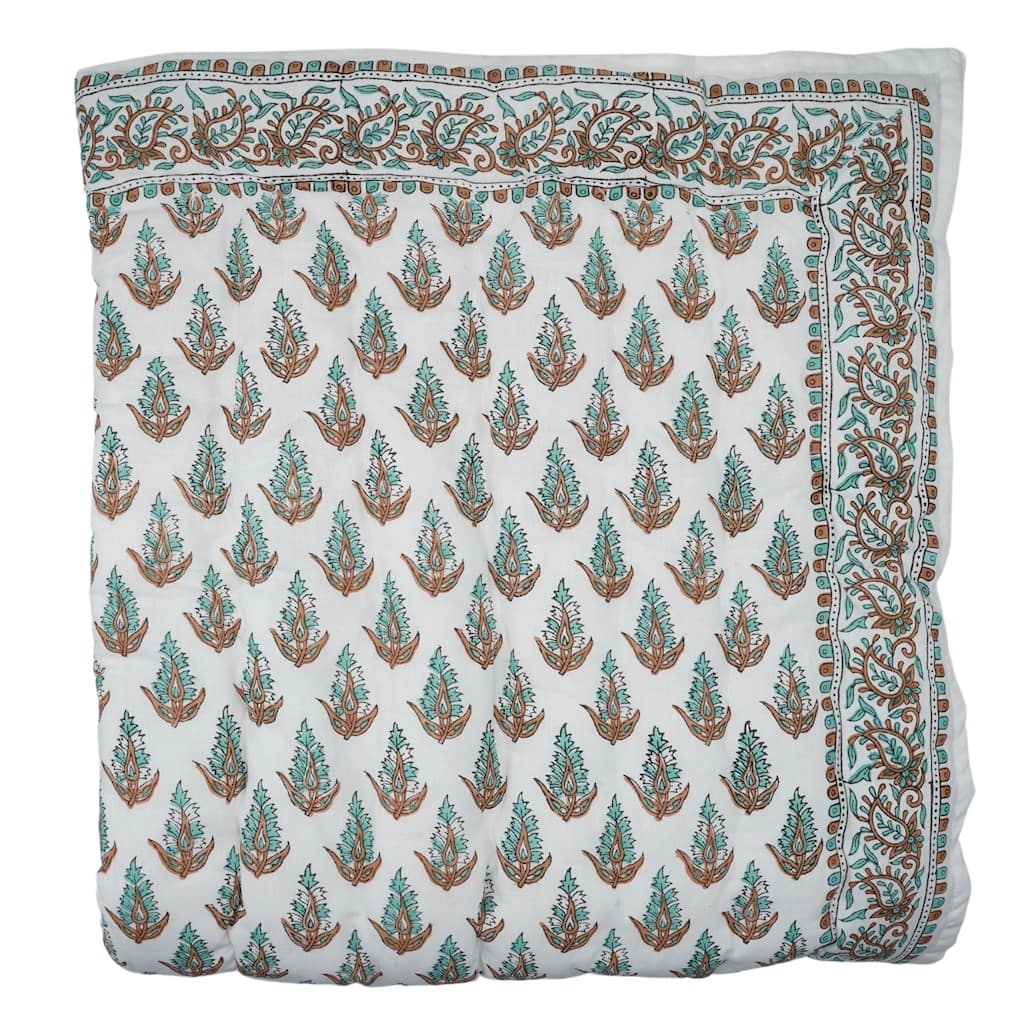 Fabdivine Vintage Hand Block Print Cotton Quilt - Boho Bedroom Décor, Kanak Buti Green Light Blue, Handmade Reversible Bedspread