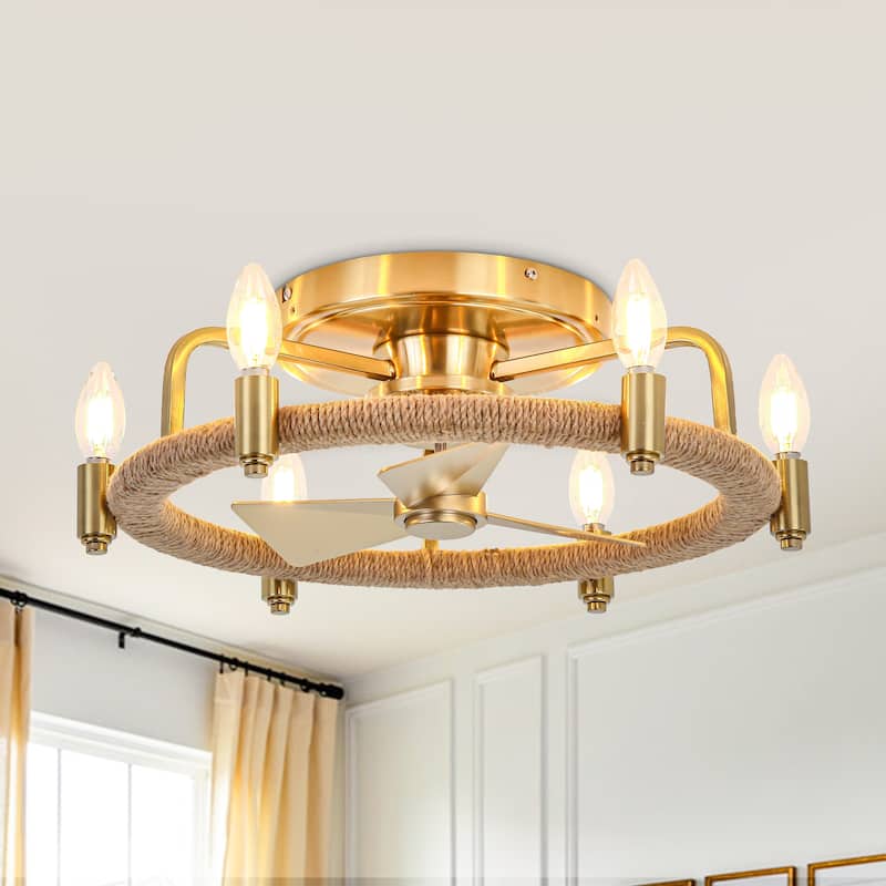 20" Farmhouse Hemp Rope Gold Flush Mount Ceiling Fan with Light and Remote