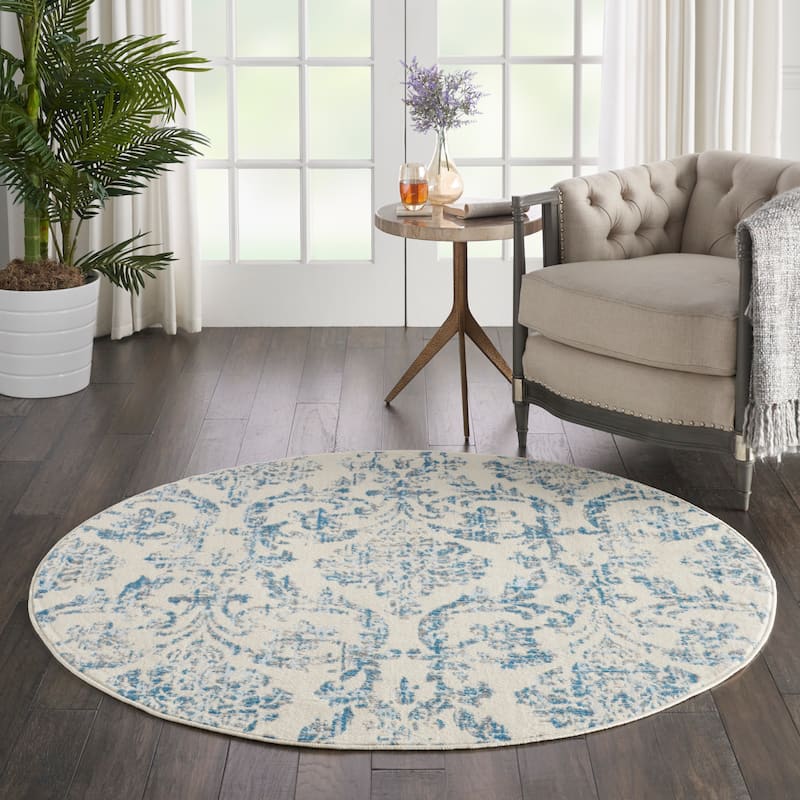 Nourison Jubilant Vintage Farmhouse Damask Area Rug - 5'3" Round - Ivory/Blue
