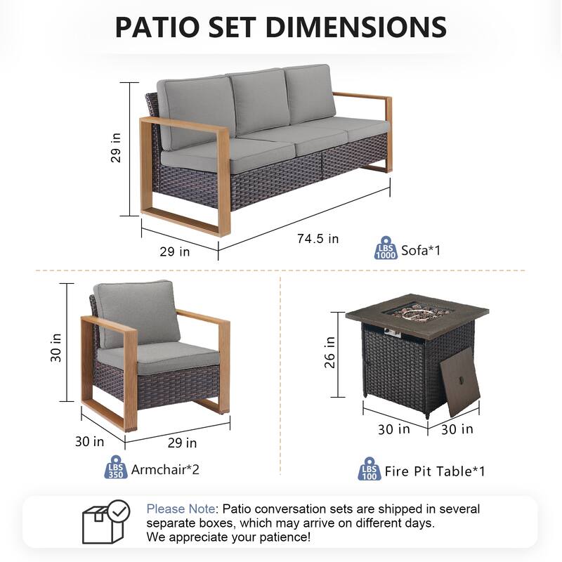 Pocassy Outdoor Fire Pit with 3-Seat Sofa Club Chairs Patio Furniture Set