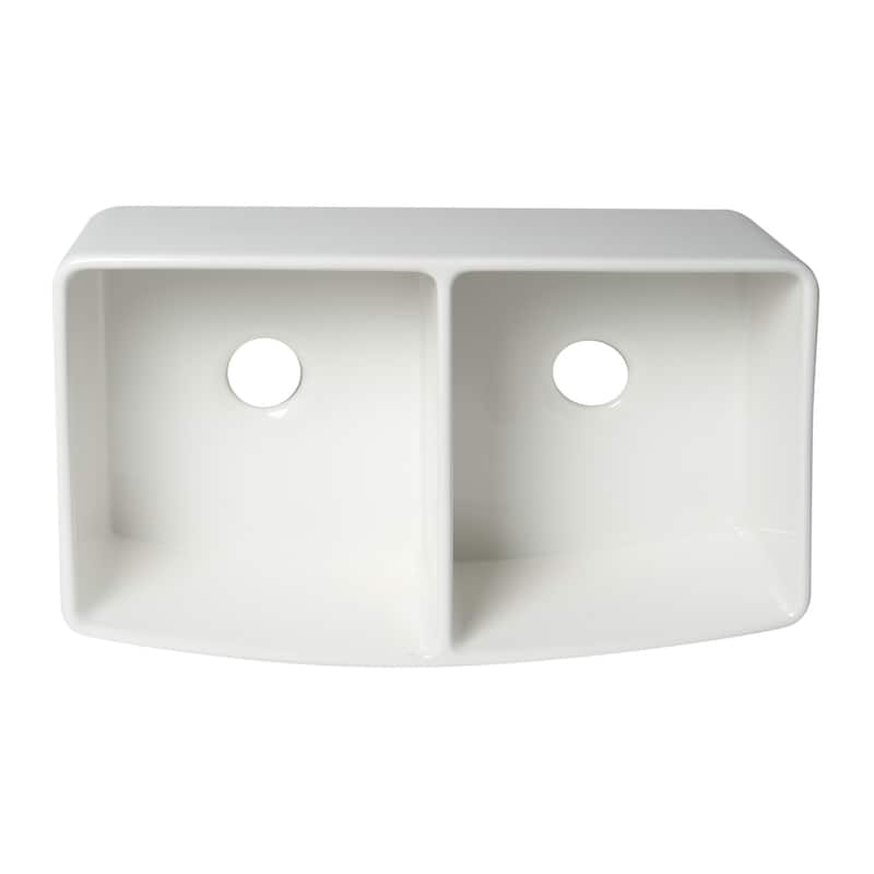 ALFI Brand White Smooth Curved Apron 33" x 20" Double Bowl Fireclay Farm Sink with Grid