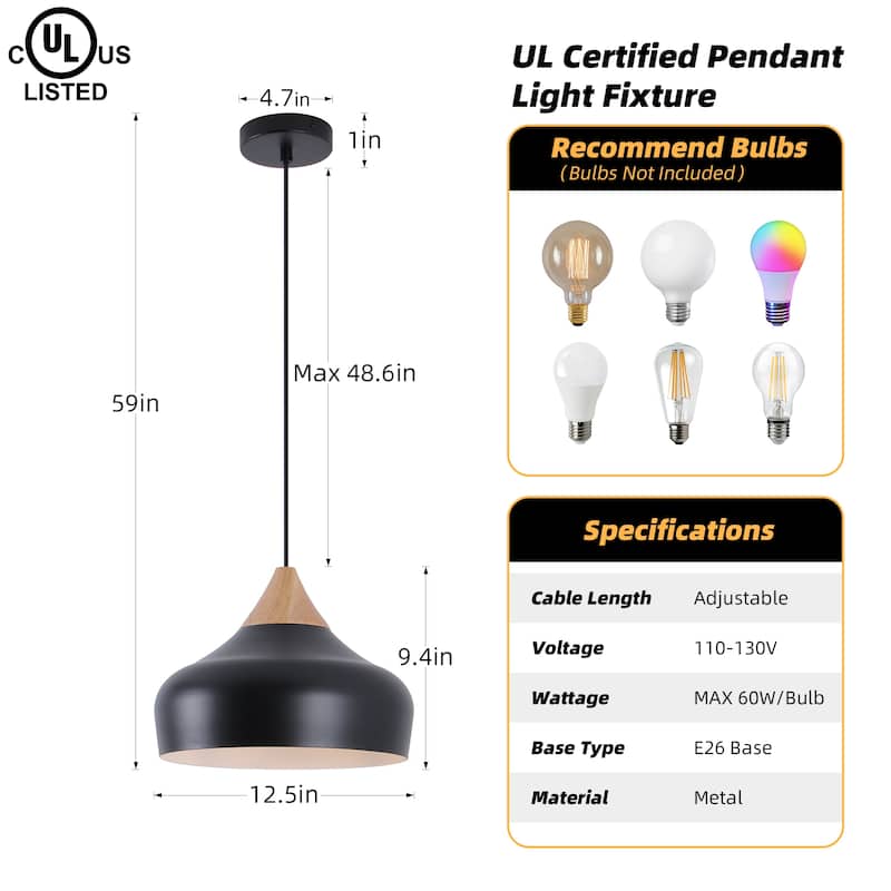 Aurora 13 in. 60-Watt 1-Light Pendant Light with Metal Round Shade and Natural Rubber Wood Top