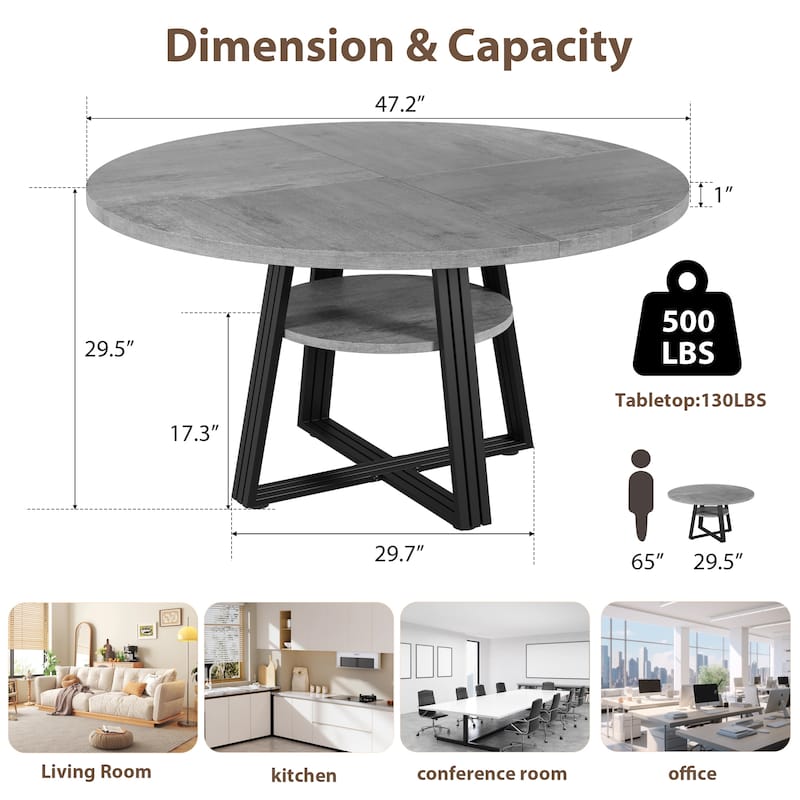 Round Dining Table for 4-6, 42" Farmhouse Kitchen Table