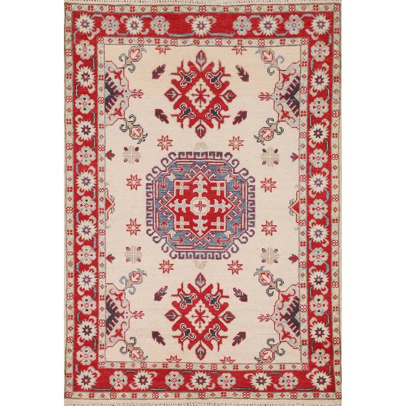 Geometric Beige Kazak Foyer Rug Hand-Knotted Wool Carpet - 3'5" x 5'0"