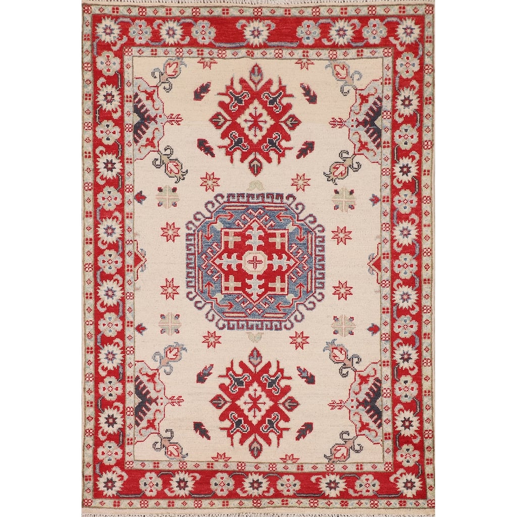 Geometric Beige Kazak Foyer Rug Hand-Knotted Wool Carpet - 3'5" x 5'0"