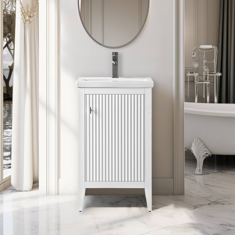 Vanity Art 20" Single Sink Bathroom Vanity Cabinet with Ceramic Top - 20"/Brushed Nickel Handle - Linear White