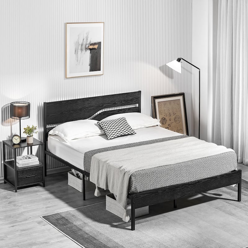 VECELO Beds Industrial Platform Bed Frame with Wood Headboard,Easy Set up