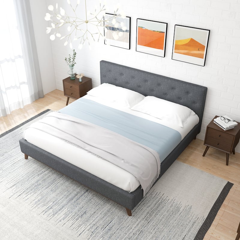 Alina Mid-Century Linen Upholstered Queen/King Platform Bed
