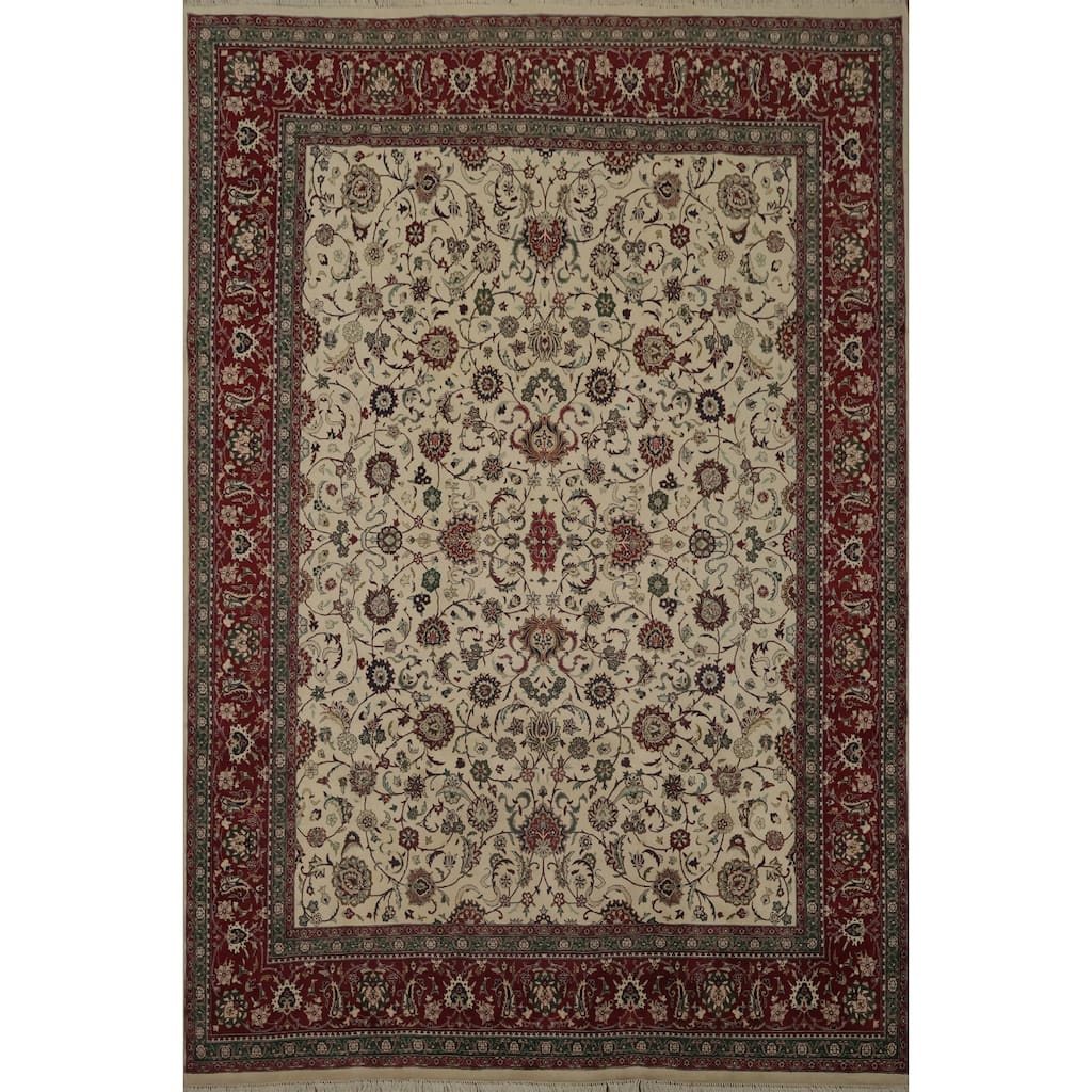 Hand Knotted Oriental 100% Wool Carpet Traditional All-Over Beige & Ivories Kashan Area Rug - 9' 10'' X 7' 11''