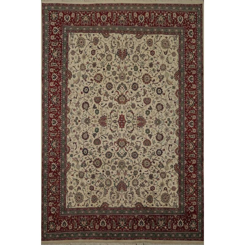 Hand Knotted Oriental 100% Wool Carpet Traditional All-Over Beige & Ivories Kashan Area Rug - 9' 10'' X 7' 11''