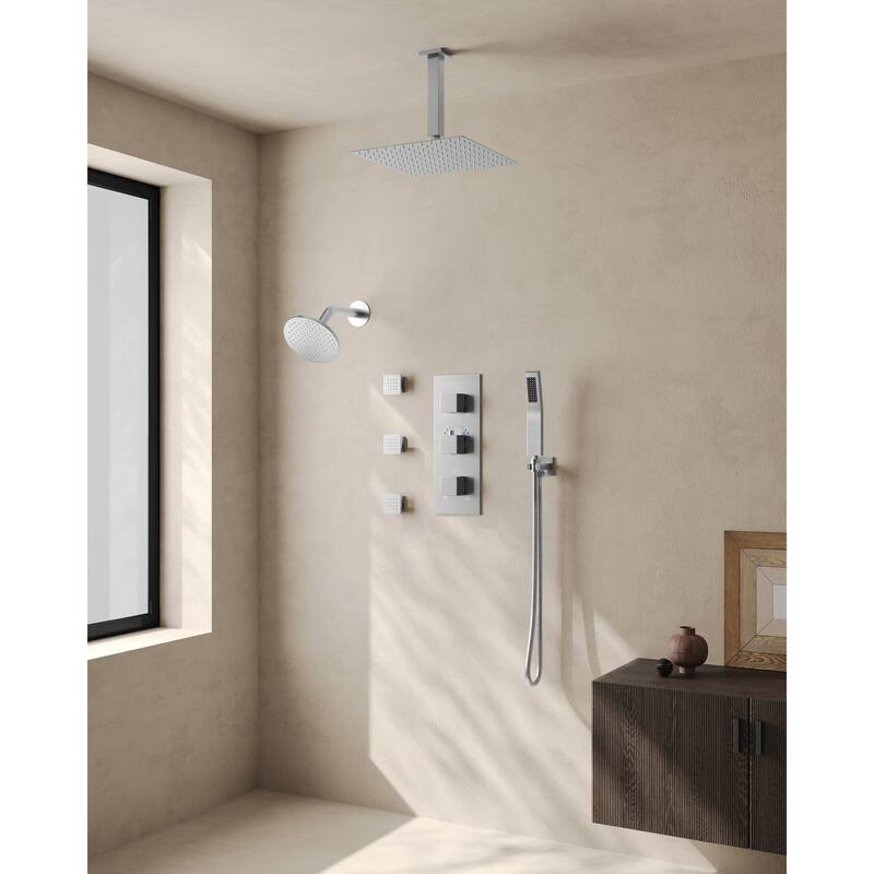 Thermostatic Dual Heads 12" Multi-Function Shower System with 3 Body Sprays - Brushed Nickel