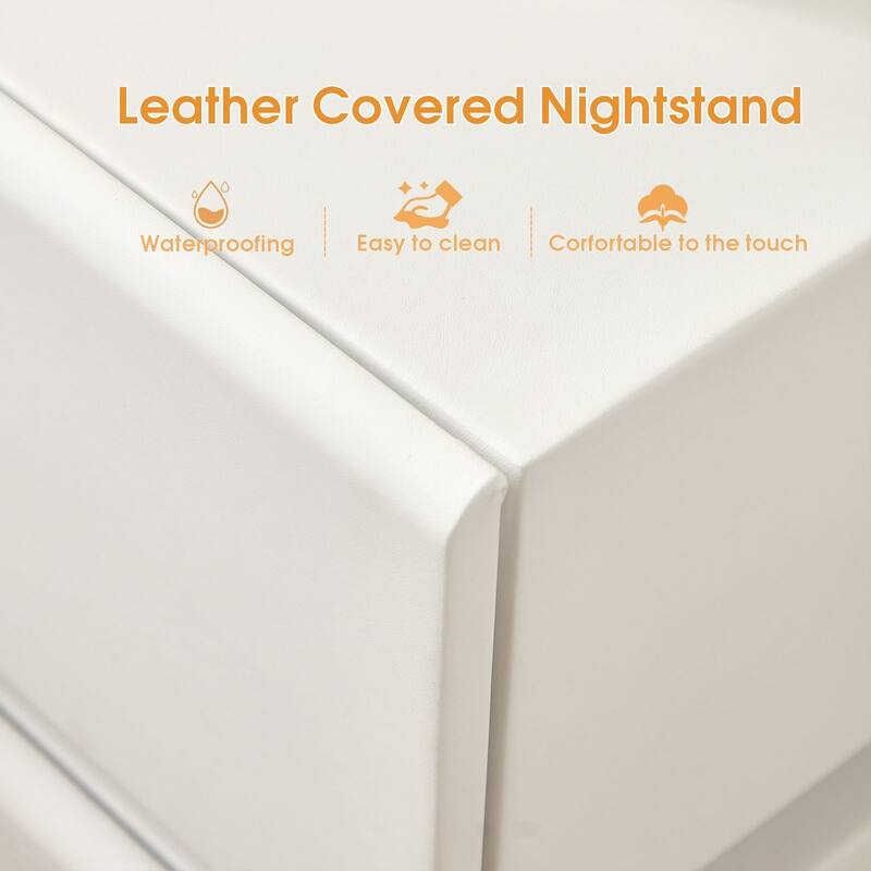 LED Light Bar Nightstand, 2 Drawer Modern Leather Wrapped Nightstand for End of Bed, Side Table, No Assembly Required - White