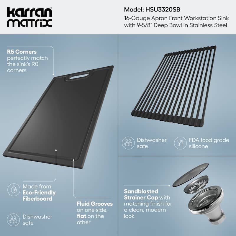 Karran Matrix 33" Apron Front Workstation 16 Gauge Single Bowl Stainless Steel Kitchen Sink with Accessories