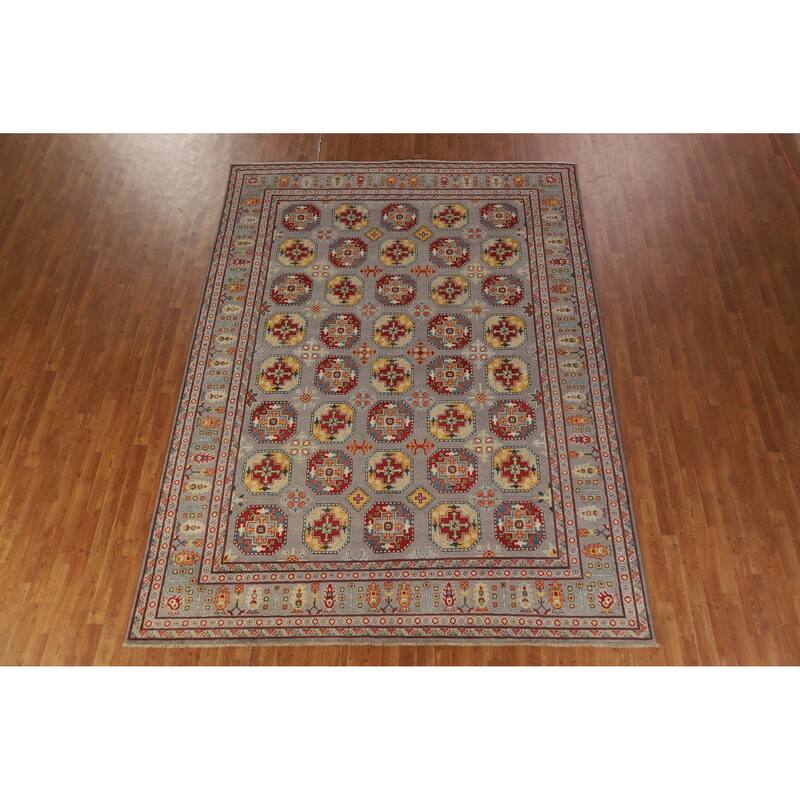 Hand Knotted Oriental 100% Wool Carpet Traditional Geometric Greys & Charcoal Kazak Area Rug - 11' 4'' X 8' 5''