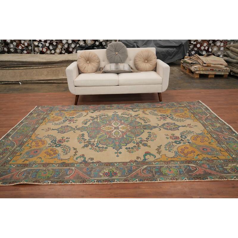Hand Knotted Oriental 100% Wool Carpet Traditional Floral Brown Tabriz Area Rug - 9' 2'' X 6' 4''