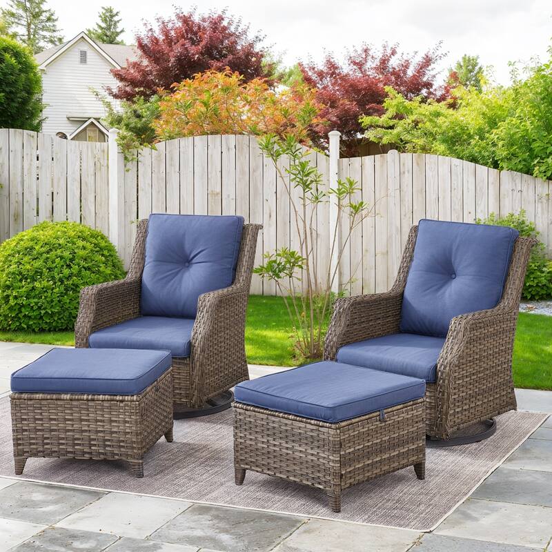 Pocassy Patio Swivel Glider Wicker Chairs with Ottoman and Table - Blue Cushion - Grey Wicker - 4-Piece Swivel Chair with Ottoman