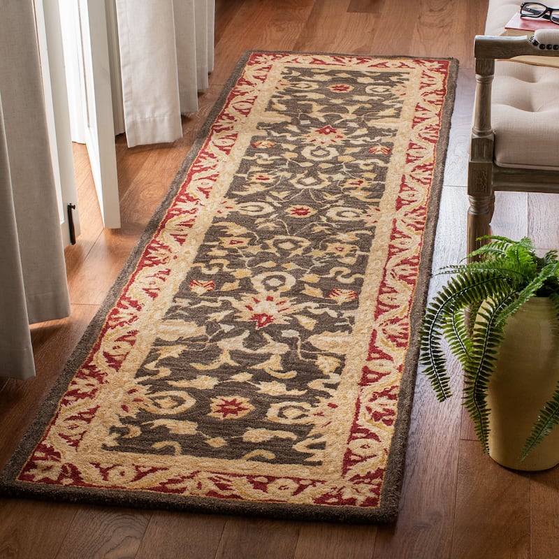 SAFAVIEH Handmade Anatolia Bibi Traditional Oriental Hand-spun Wool Rug - 2'3" x 10' Runner - Charcoal/Red