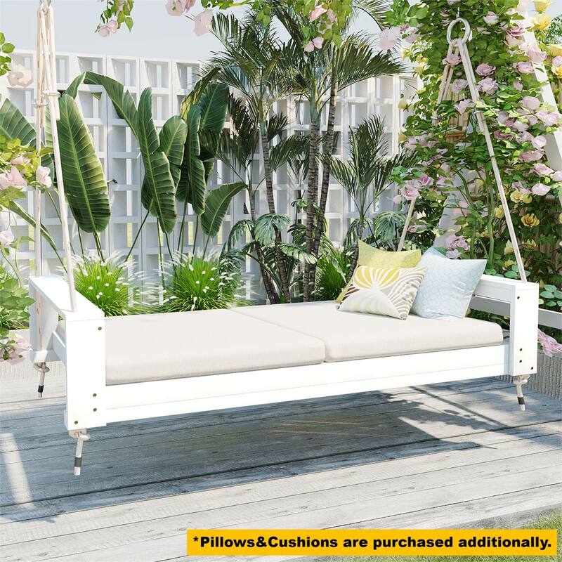 Swing Bed Seating Group, Patio Acacia Wood Swing Frame with Hemp Ropes for Garden, Backyard(Cushions and pillows not included)