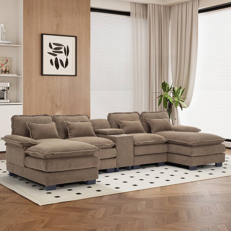 U-shaped Sectional Sofa Chenille Fabric Doudle Layer Cushion with USB Central Console