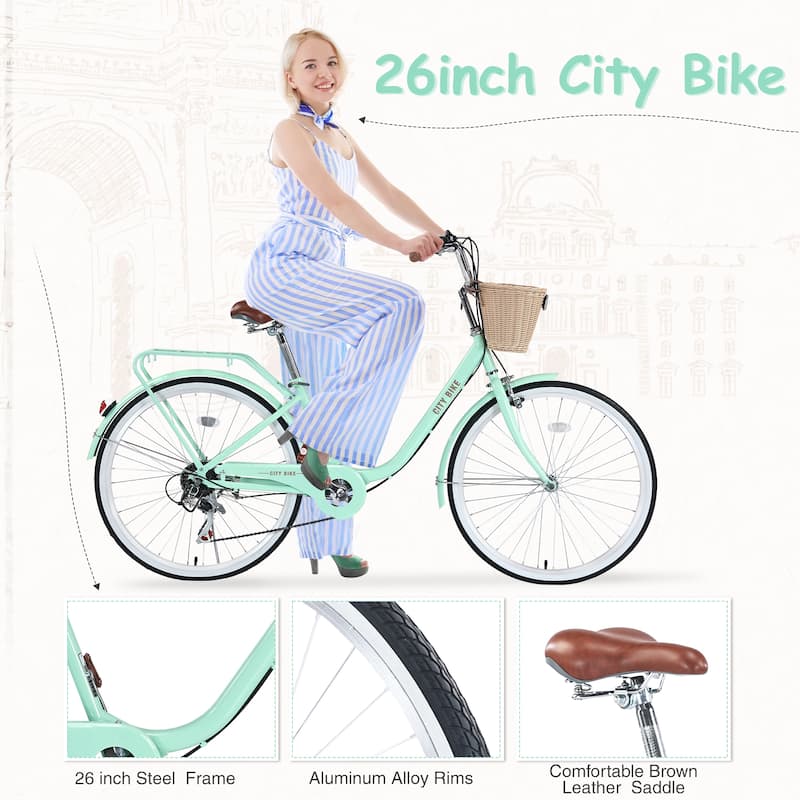 26 Inch Road Cycling Bicycle, Shimano 7 Speed City Bike with Basket and Dual V-Brake, Low Step-Thru Steel Frame for Teens