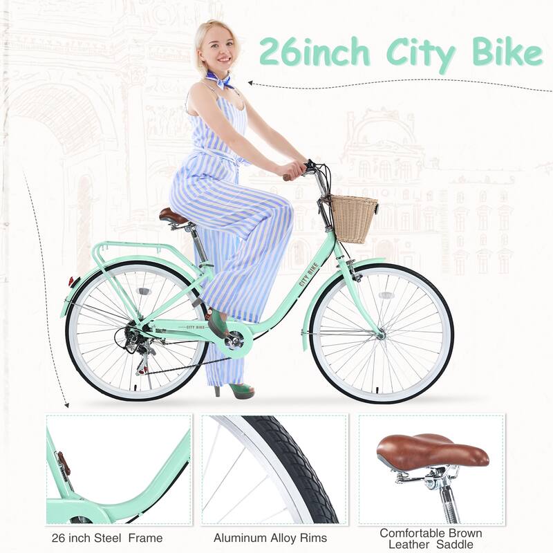 7-Speed City Bike for Women with Basket, 26 Inch Steel Frame, Comfortable Grips, Shimano Shifter, Multiple Colors