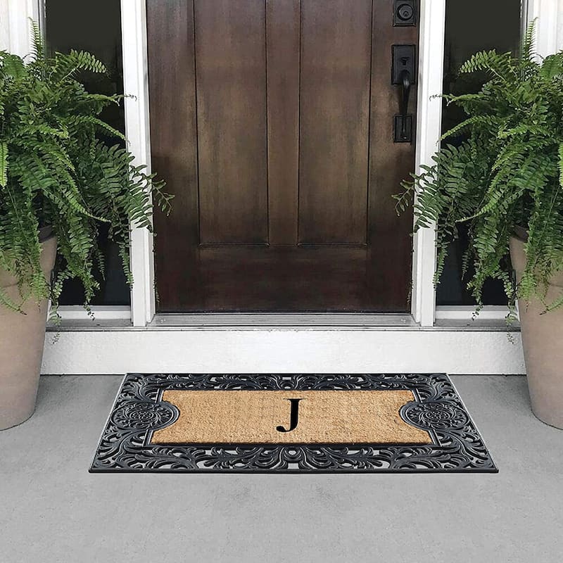 A1HC Floral Border Rubber and Coir Large Outdoor Durable Monogrammed Doormat, Black - 23" X 38"