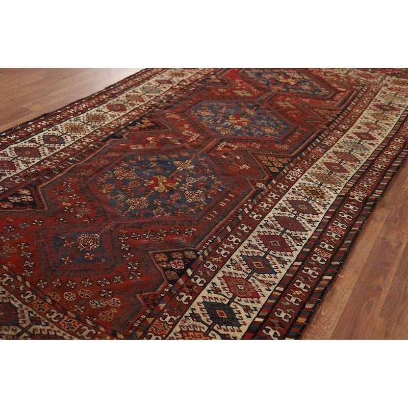 Pre-1900 Antique Vegetable Dye Qashqai Persian Orange Wool Carpet - 4'7" x 8'7"