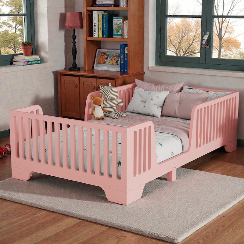 Montessori Floor Bed with Fence and Door, Kids Floor Bed Frame with Slats, No Box Spring Needed
