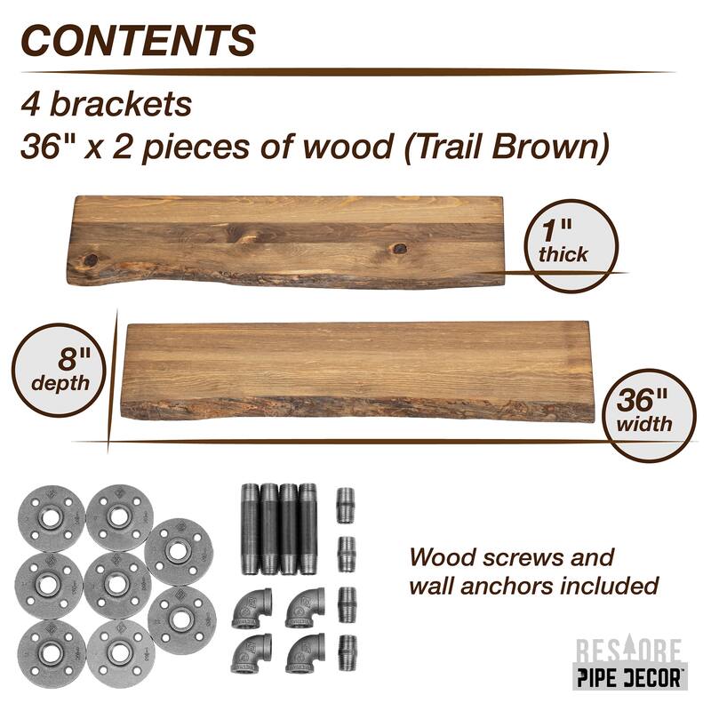 PIPE DECOR Live Edge Reclaimed Wood Shelf with Industrial Pipe Brackets, Set of 2