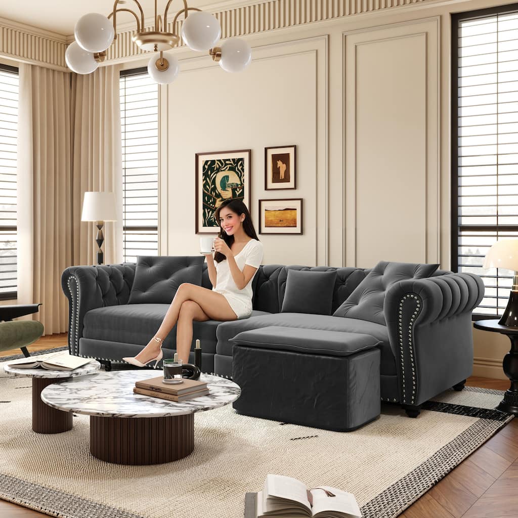 3-in-1 Pull-Out Sofa Bed, Convertible Sleeper Sofa, Chaise Lounge Sofa, Velvet 3-Seater Sofa with Movable Ottoman