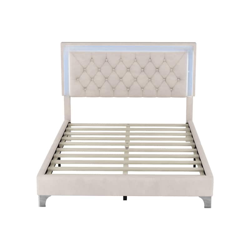 Upholstered Bed Frame with LED Lights and Tufted Headboard