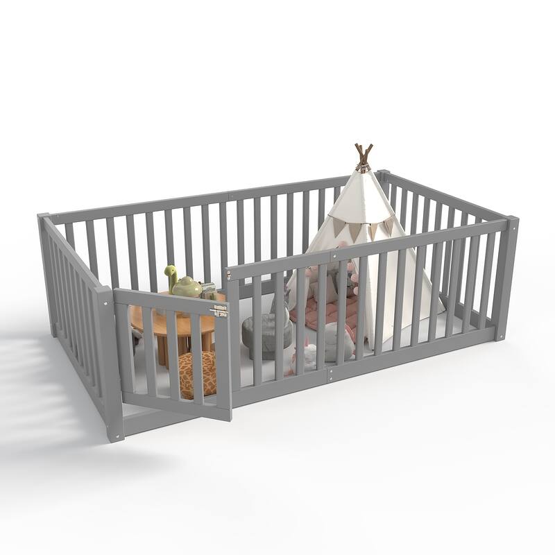 Montessori Floor Bed with Safety Guardrails & Door, Kids Low Profile Frame, Available in Queen/Full/Twin